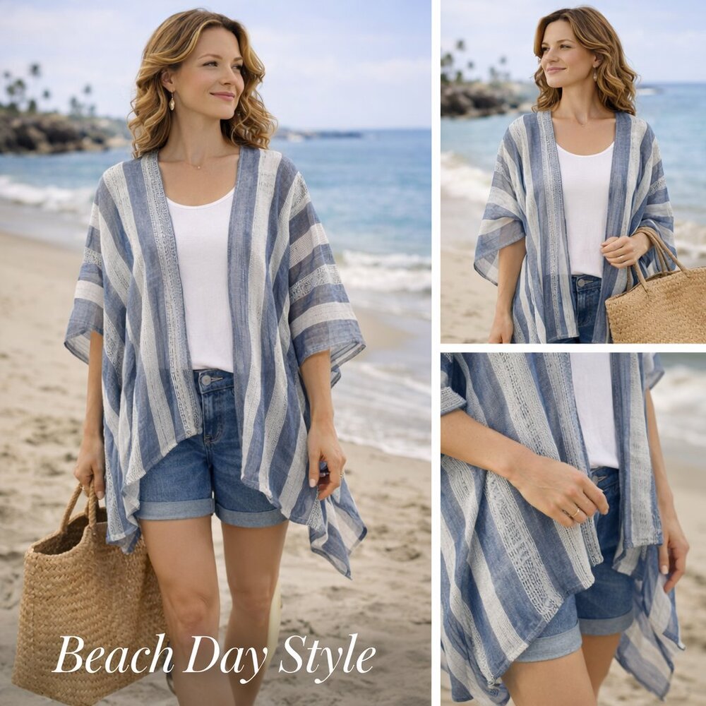 Sheer Striped Kimono Wrap | Gray & Ivory Lightweight Ruana Cardigan